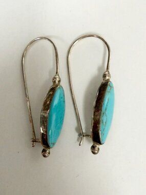 Vtg Signed ATI STERLING Silver TURQUOISE DANGLE EARRINGS Mexico 1.5" Patina 4.9g